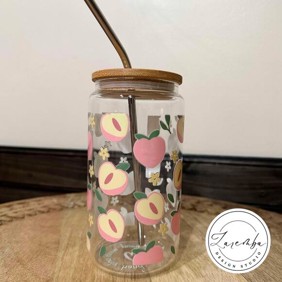 Peach Libbey Sipper Glass, Peach Beer Can Coffee Cup, Summer Fruit Handmade New - Picture 3 of 5